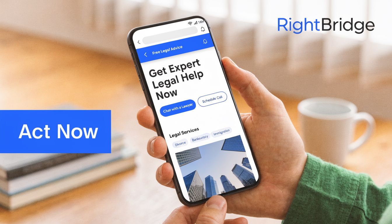 A person holding a smartphone displaying a legal services mobile application titled RightBridge for online consultation.