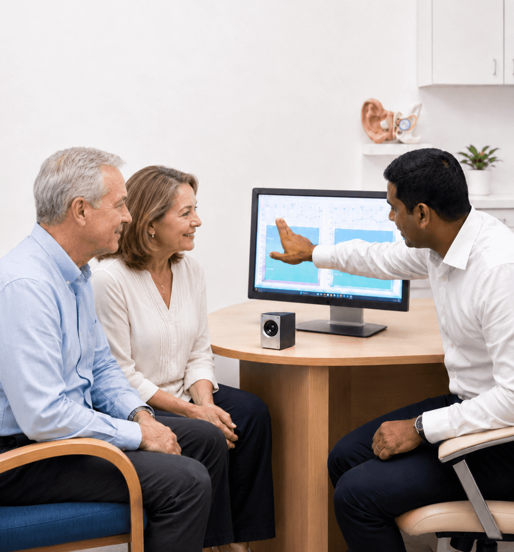 Audiologist reviewing comprehensive hearing test and hearing aid consultation results with patients.
