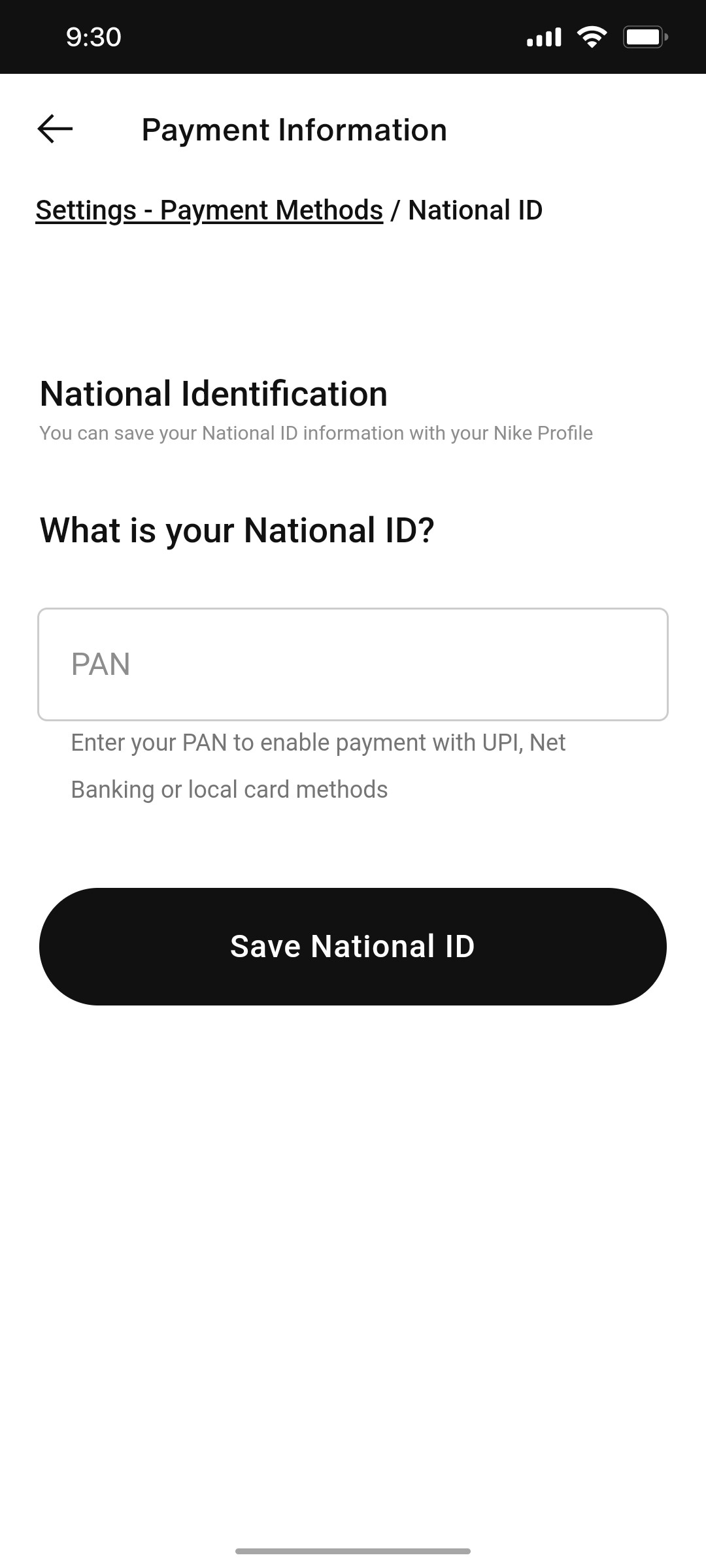 Nike App Save Nation Id Screen
