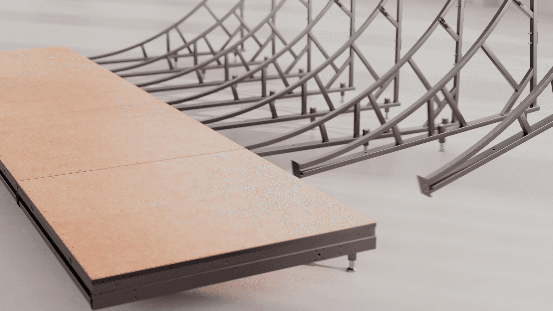 Skatelite skate ramp surface with metal supports, designed for extreme sports and skateboarding. Image shows the transition structures attaching to the base.