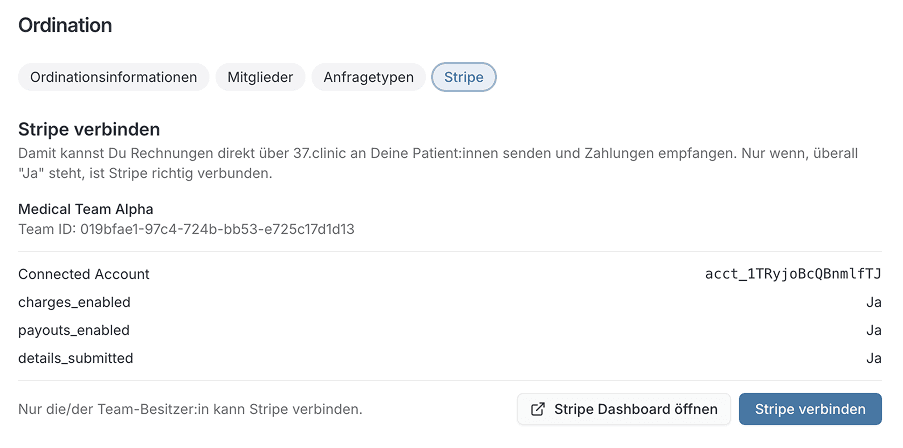 37.clinic Einstellungen Stripe