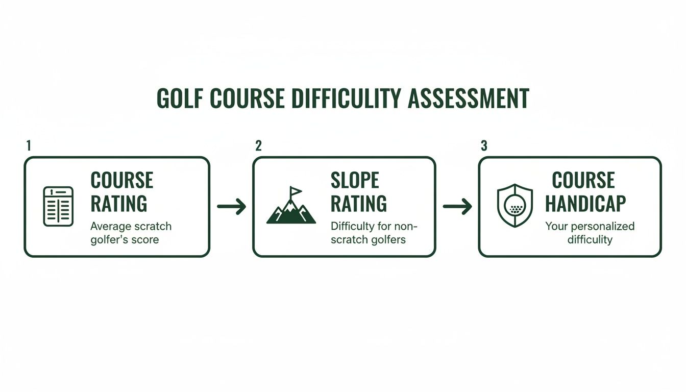 Infographic showing a 3-step golf course difficulty assessment process: course rating, slope rating, and course handicap.