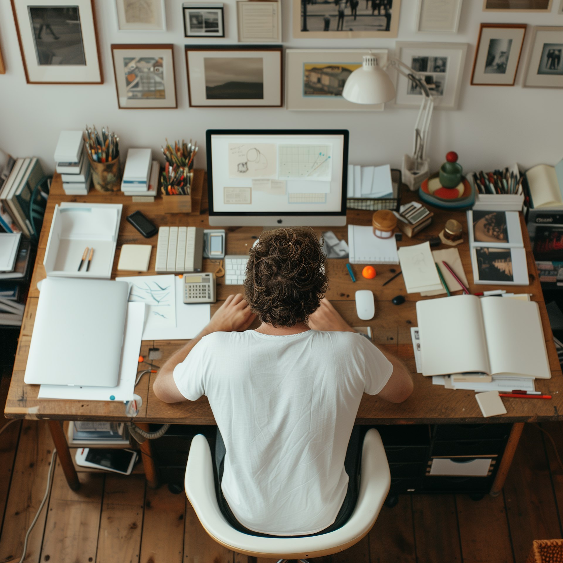 Designer working on wireframes at computer desk.