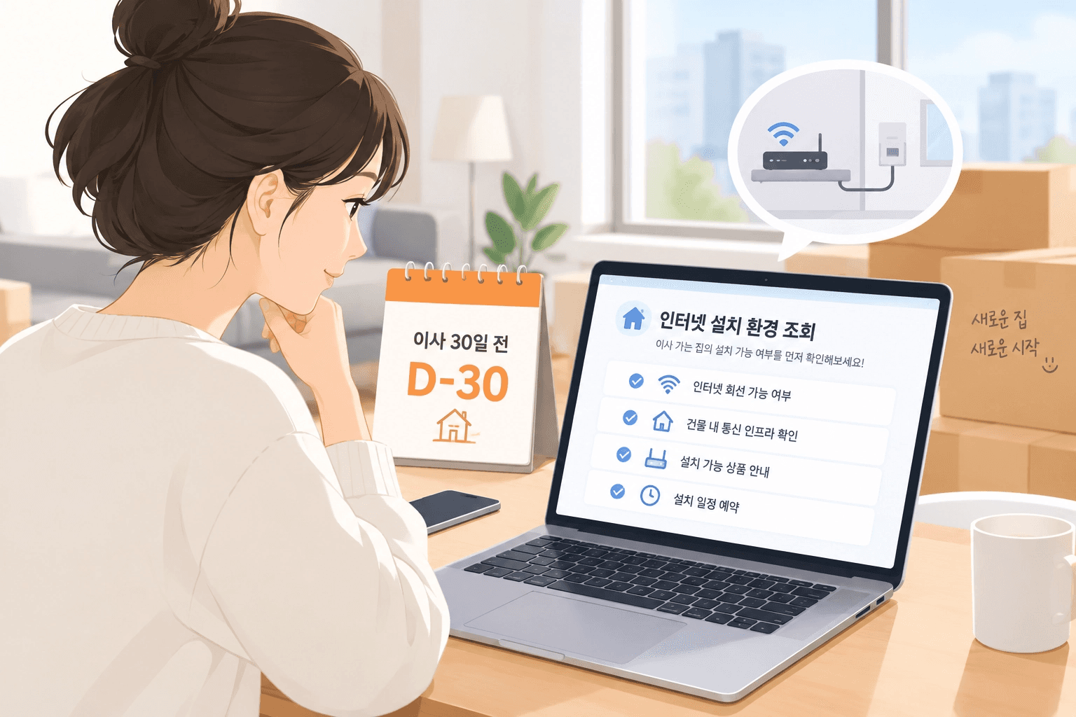 노트북을 켜둔 채 고민에 잠긴 여성과 그 옆의 '이사 30일 전 D-30' 달력 일러스트입니다. 노트북 화면에는 인터넷 회선 가능 여부, 건물 내 통신 인프라, 설치 가능 상품, 설치 일정 예약을 체크하는 '인터넷 설치 환경 조회' 신청 창이 떠 있습니다.