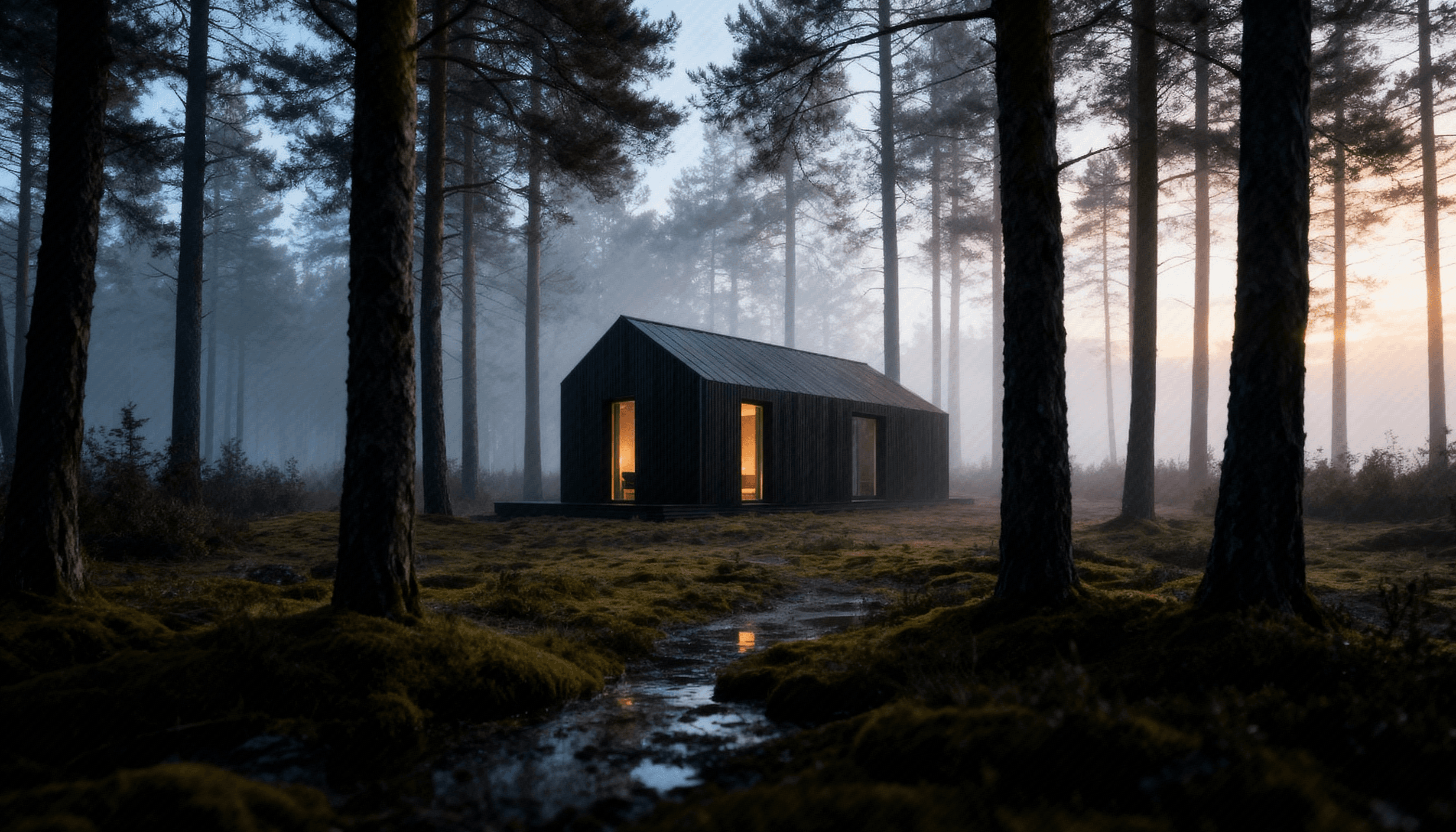 Karkasinis namas miške su degintos medienos fasadu