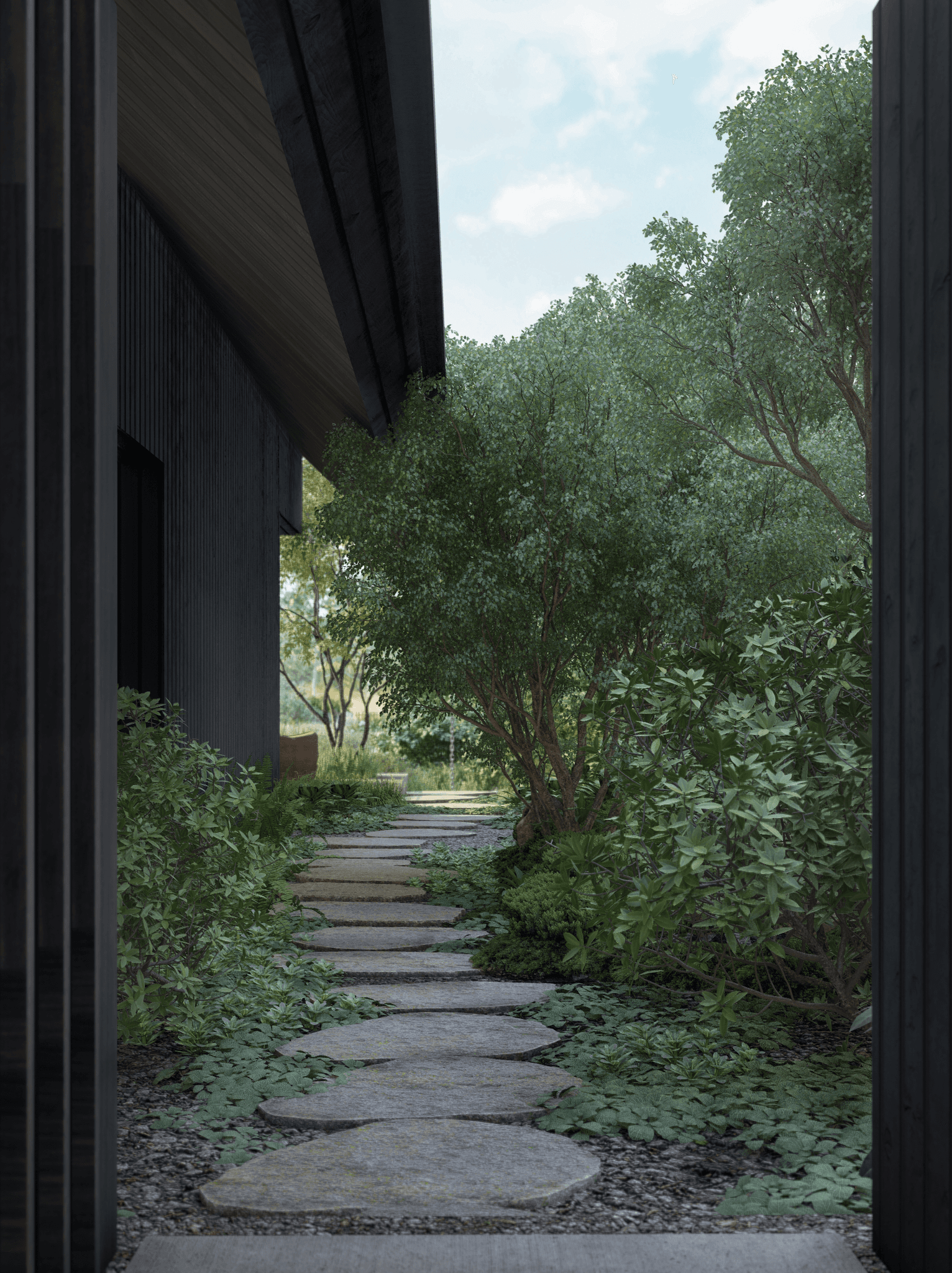 A narrow path leading up to a garden.