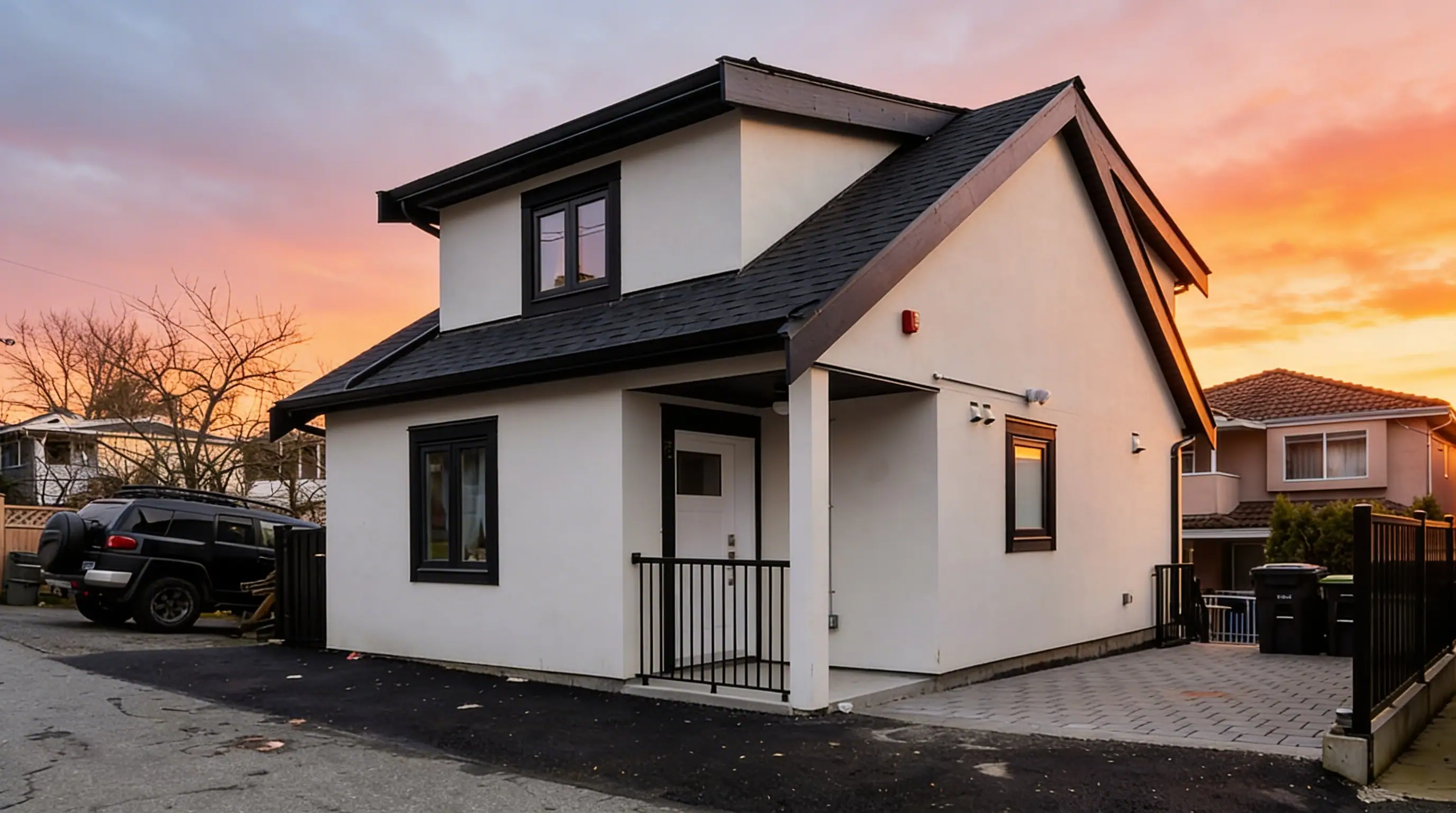 Front exterior of Vancouver Custom Homes' East 63rd laneway home in Vancouver — a two-storey white stucco and black trim custom coach house photographed at sunset.