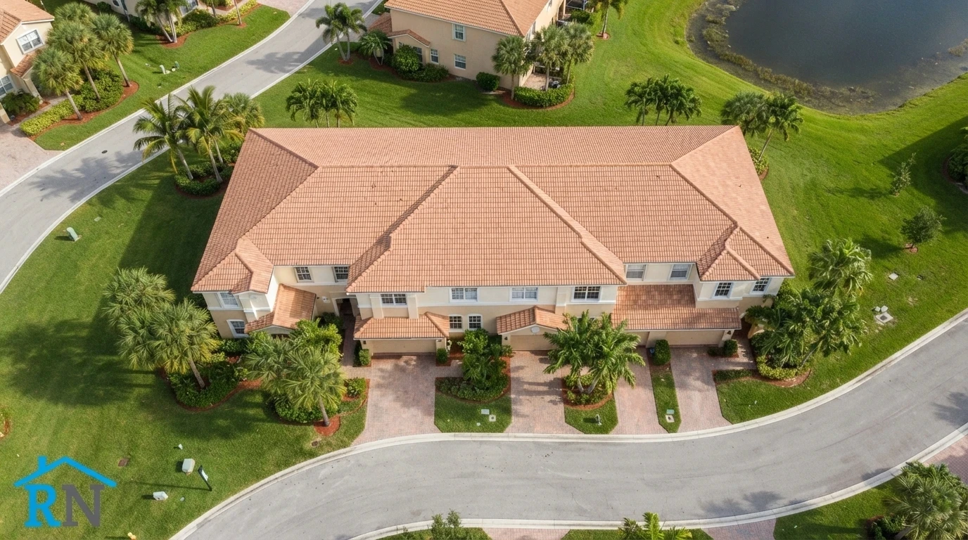 Aerial view of a South Florida townhome community with continuous tile roofs spanning multiple attached units