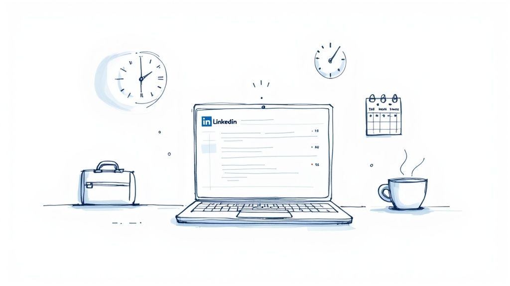 Hand-drawn illustration of a desk with a laptop showing LinkedIn, clocks, a calendar, and a coffee cup.