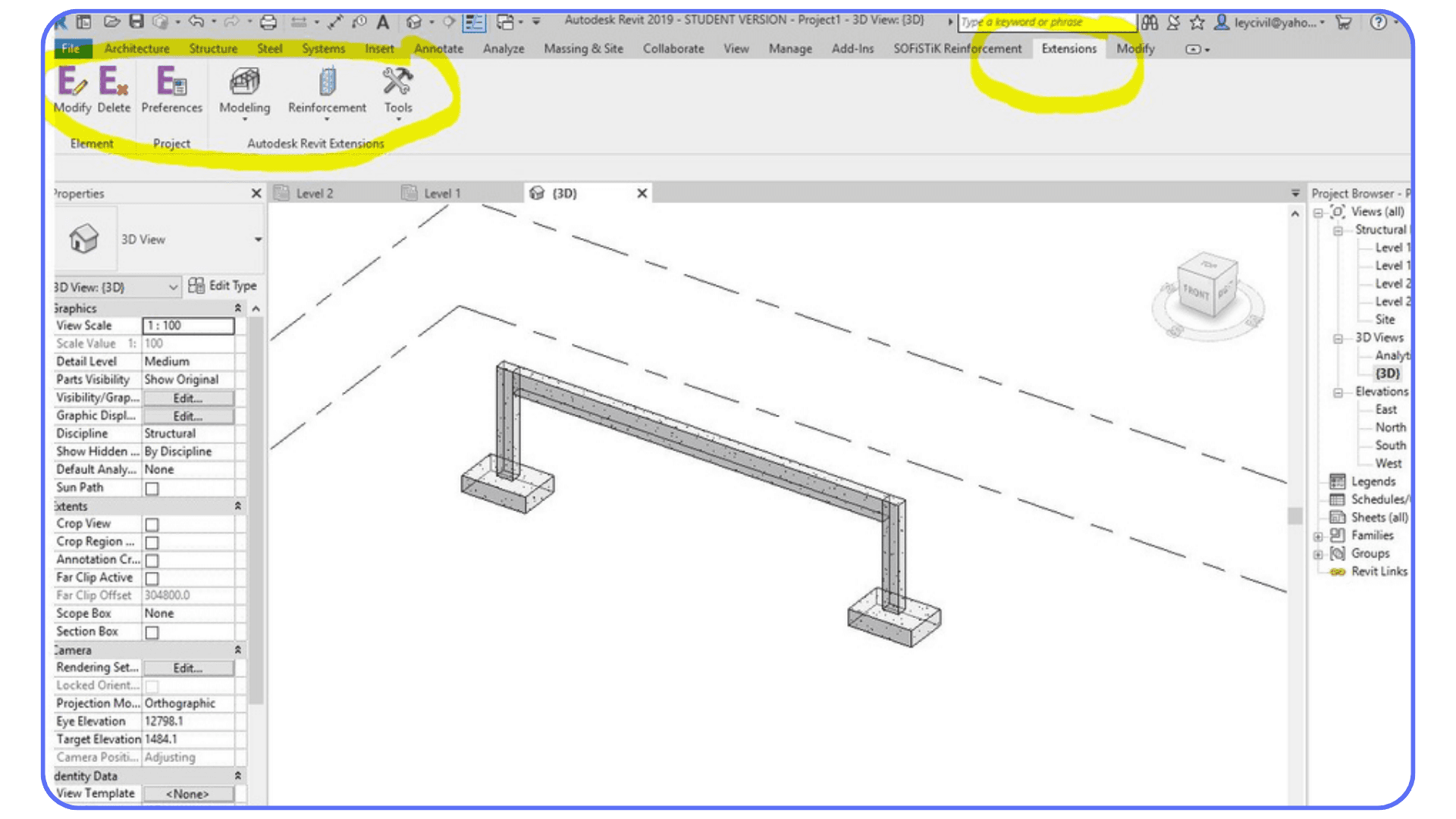 Revit interface with extensions and add-ins highlighted as potential sources of crashes