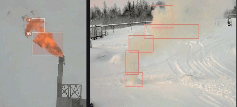 AI detection system identifying gas flares and smoke plumes using thermal and visual analysis in industrial and snowy environments