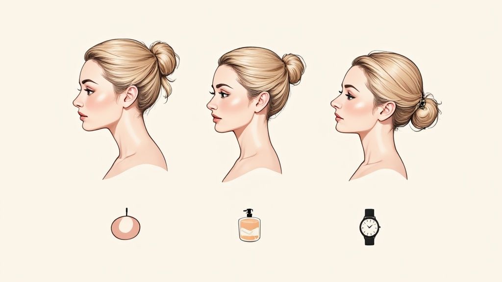 Eine Frau richtet sorgfältig ihre Haare und Accessoires für ein professionelles Foto.