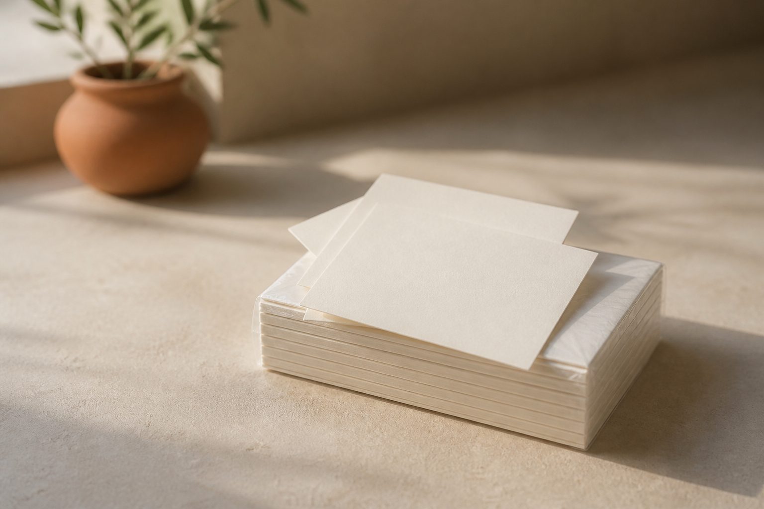 A stack of blank cream cards on a sand counter, most still wrapped