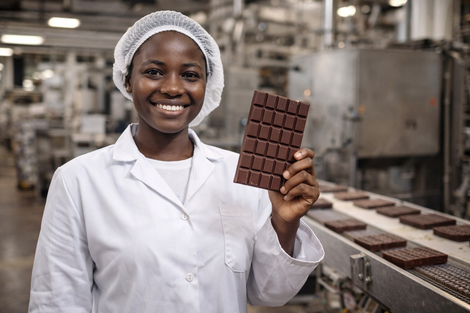 Une ouvrière dans une usine de chocolat