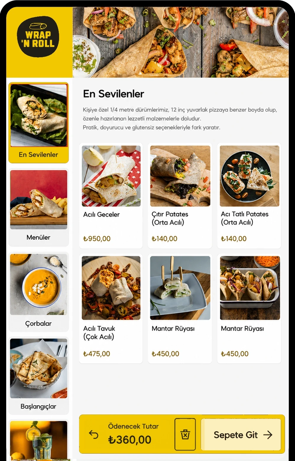 Restajet self servis kiosk ekranında kategoriler, ürün fotoğrafları ve sepete git butonu