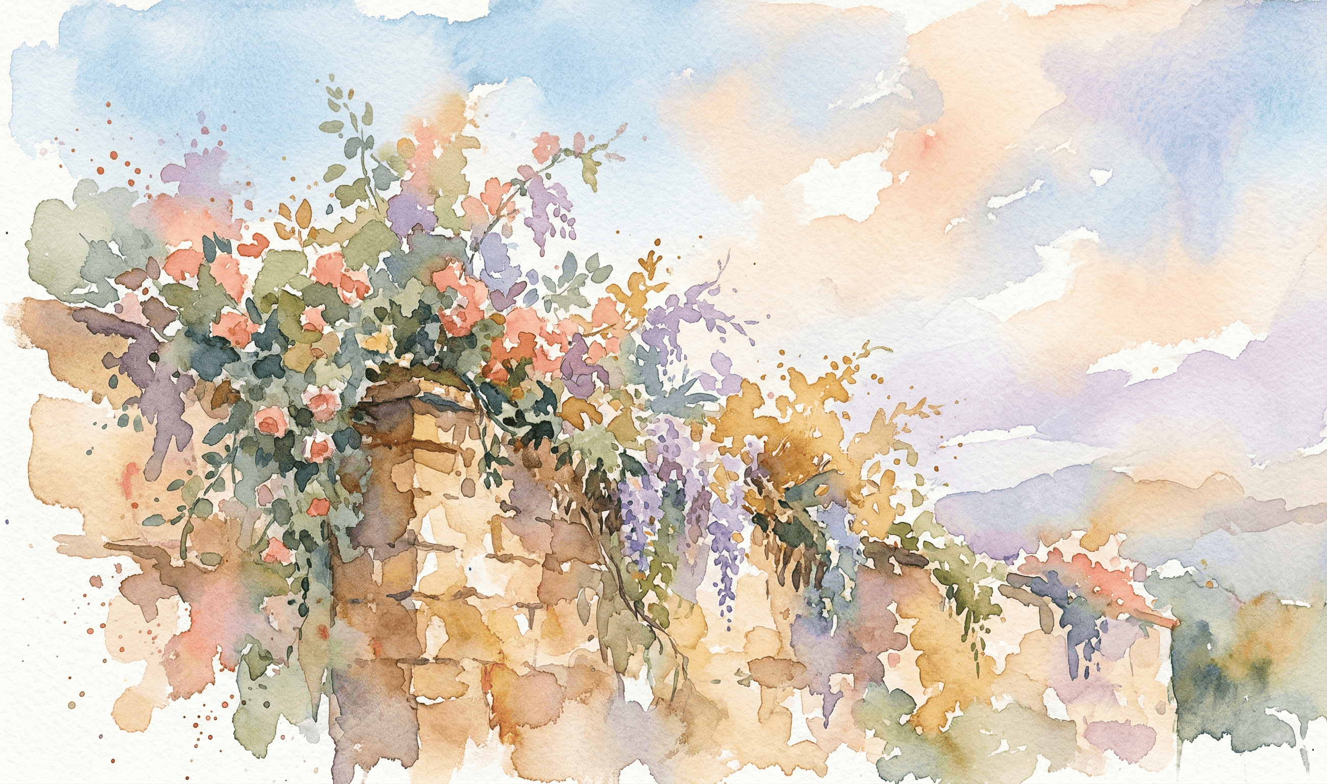 Watercolor ancient stone wall with flowering vines growing thicker toward the top