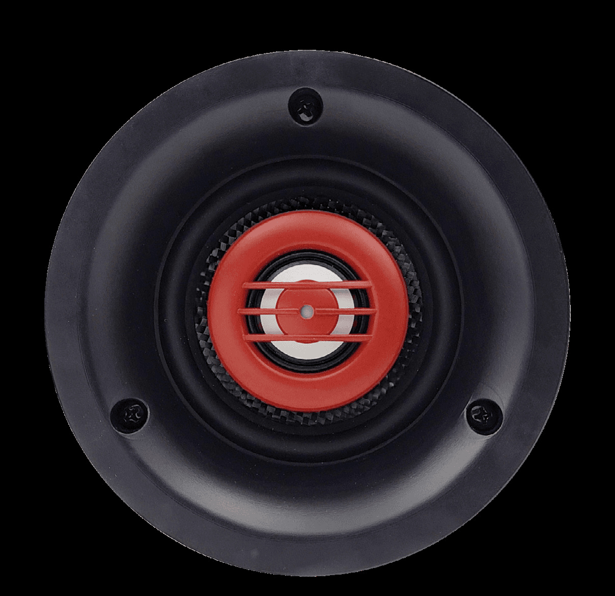 Speaker with black housing and red grille