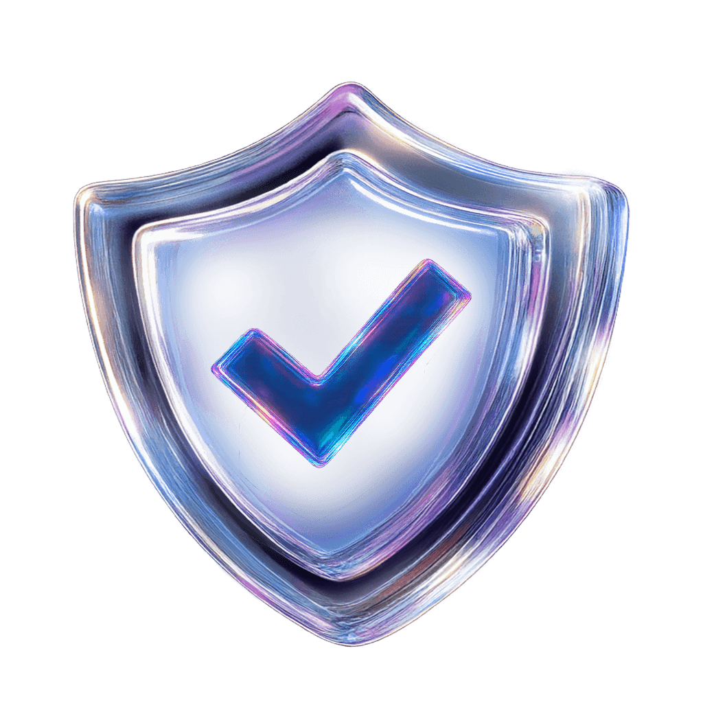 A glossy shield icon with a checkmark, symbolizing security and trust.