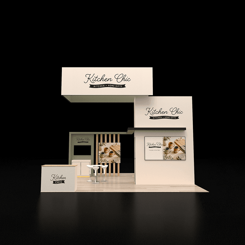 20x20 retail product display booth rental with overhead branding and wood finishes