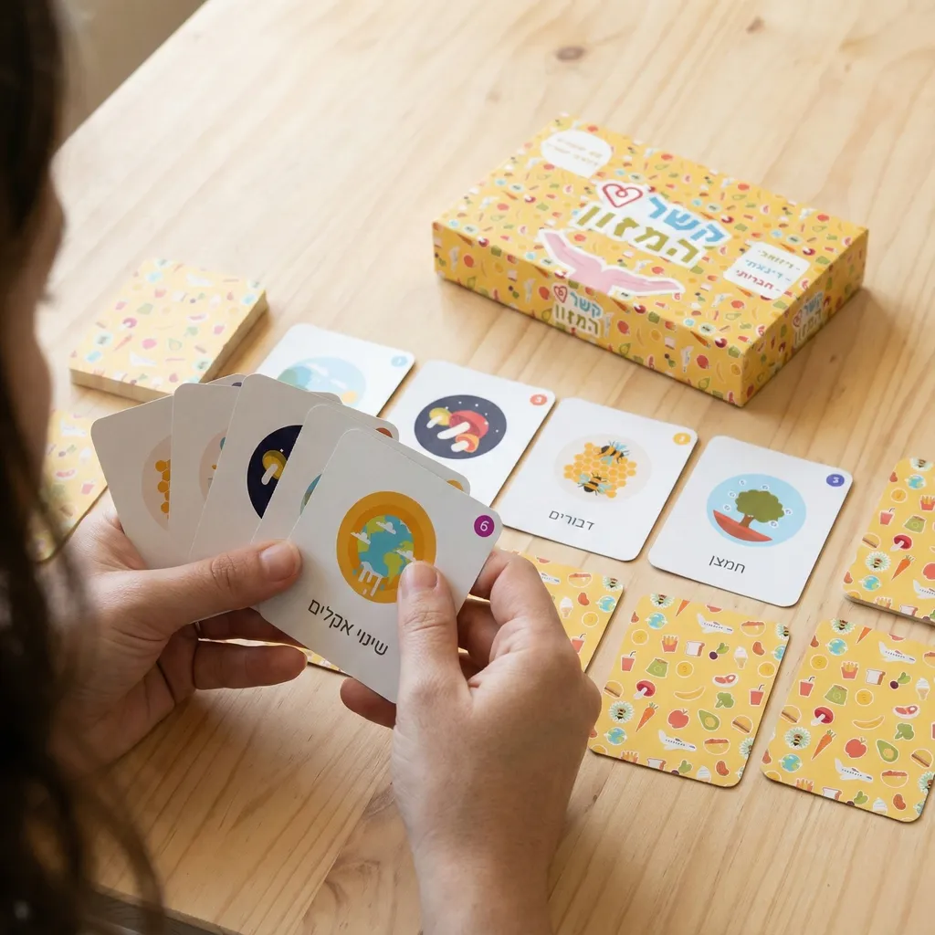 Close-up of hands playing the "Food Connection" card game, highlighting the playful and educational design elements.