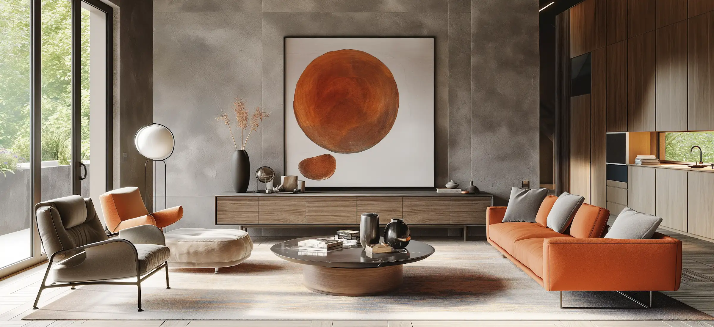 Spacious lounge with seating arrangement and decorative accents