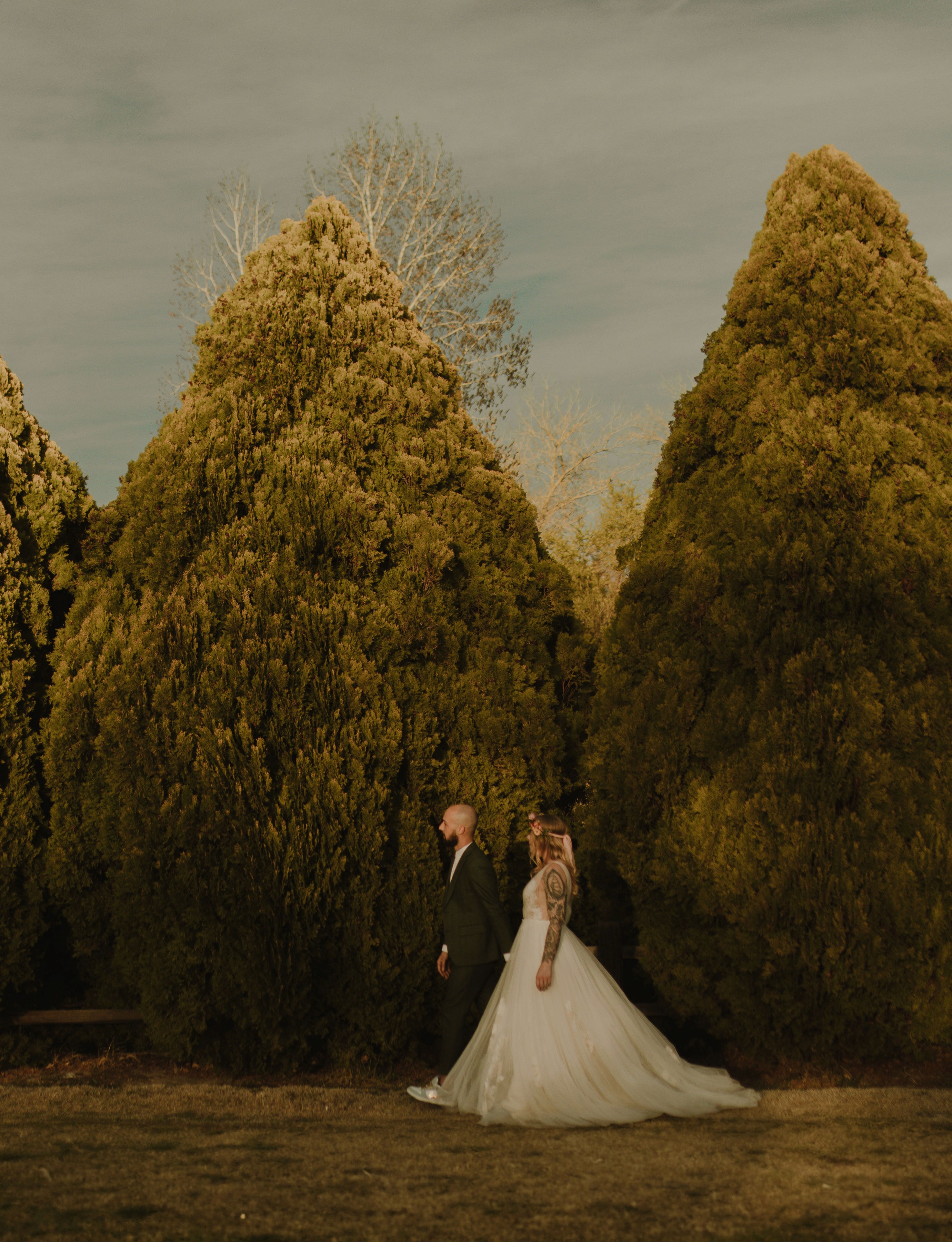 Austin & Kelsi walking next to tall bushes at thier wedding