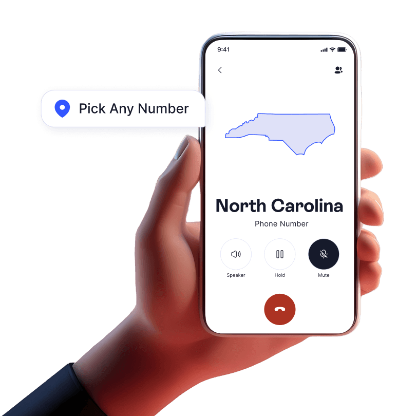 Hand holding mobile device with incoming business call from North Carolina displayed using LinkedPhone 2nd phone number app