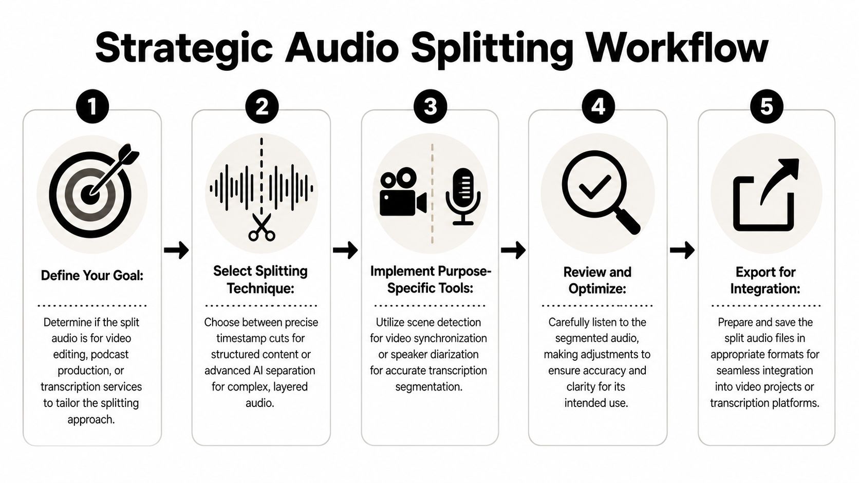A five-step infographic showing a strategic workflow for splitting audio files for editing, production, or transcription.
