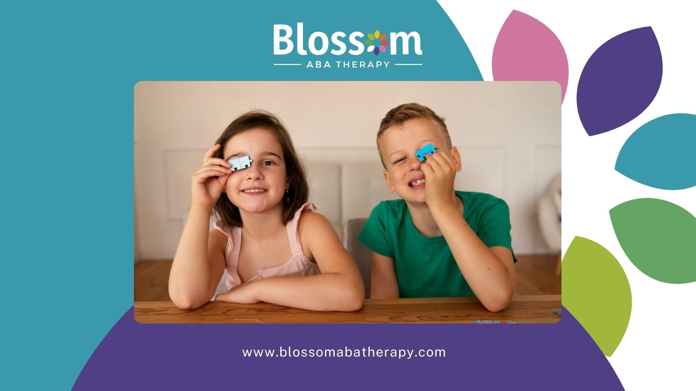 Two children with autism play with puzzle pieces, smiling and holding puzzle pieces up to their eyes.