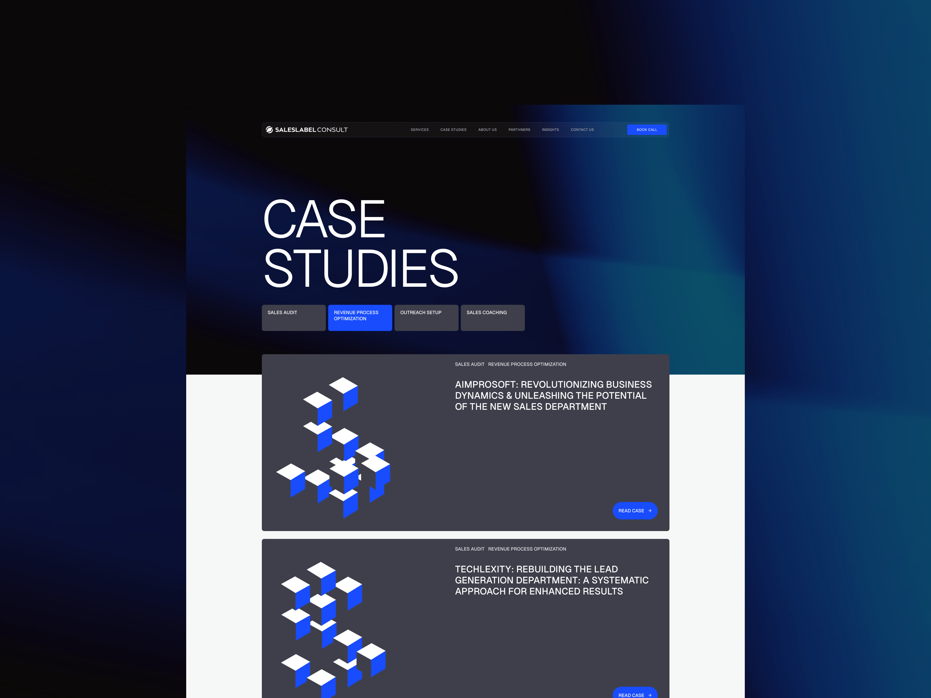 A visually engaging case studies page of the Sales Label Consulting website, emphasizing revenue process optimization and IT sales solutions.