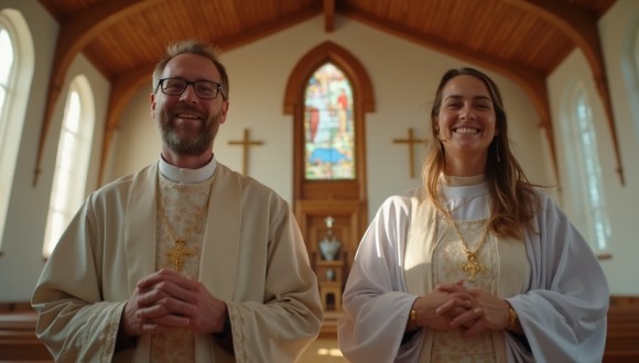 Zwei Geisltiche stehen in einer Kirche