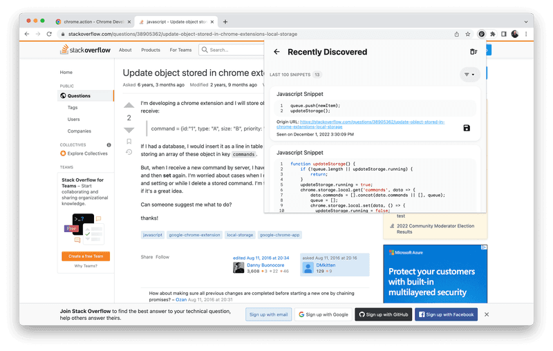 Recently Discovered snippets in the Pieces Web Extension popover menu.