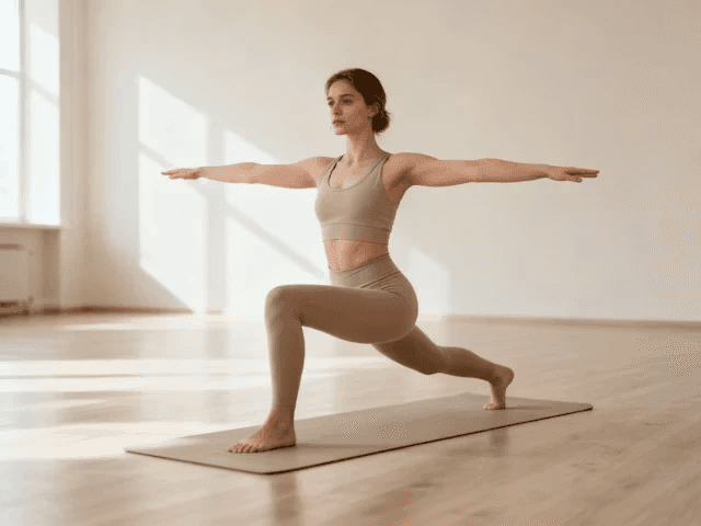A woman holding a strong Warrior II pose in a bright, minimalist studio.