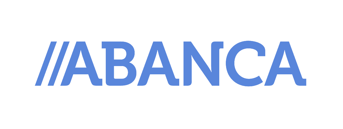 Logo ABANCA su sfondo nero. Logo della banca ABANCA con testo blu.