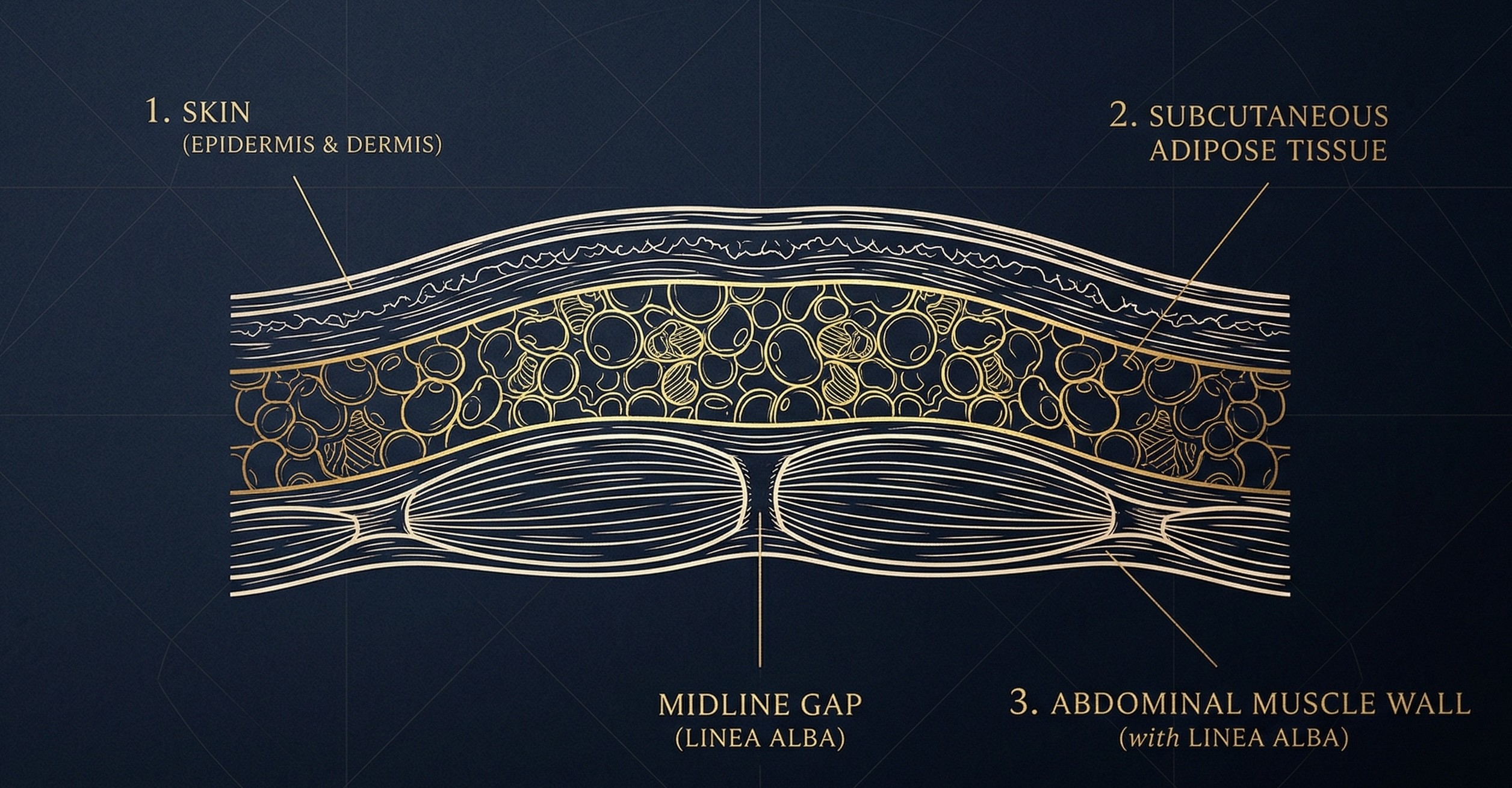 Medical illustration showing a cross-section of the abdominal wall with three labelled layers: skin (epidermis and dermis), subcutaneous adipose tissue, and abdominal muscle wall with a midline gap at the linea alba, depicted in gold line art on a dark navy background.