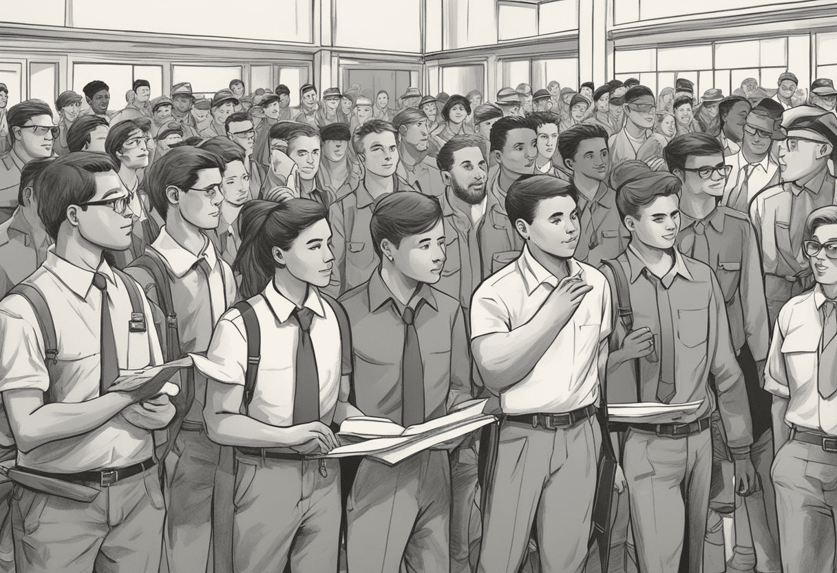 A group of new recruits eagerly gather around a welcoming sign, ready to embark on their journey with the company. The atmosphere is vibrant and full of potential as they prepare to be nurtured and developed in their new roles