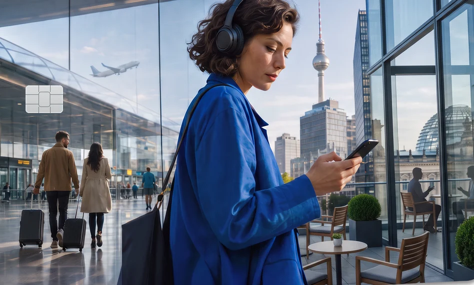 A woman in a blue coat wearing headphones looks at her smartphone, with the Berlin TV Tower and an airport terminal in the background.