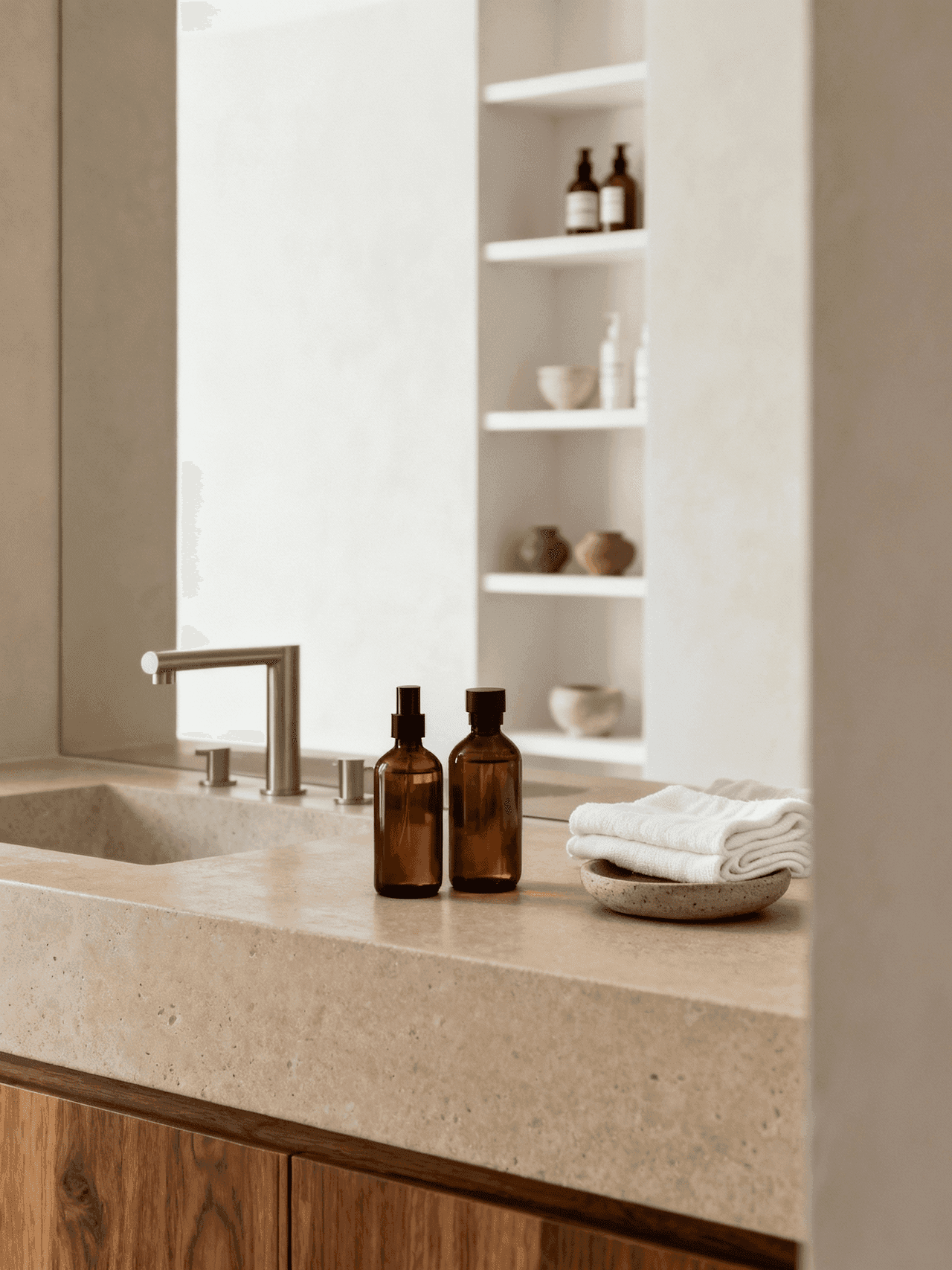 Clean bathroom vanity with terrazzo countertop, brushed nickel fixtures, amber glass bottles, white towels in ceramic bowl, and floating shelves