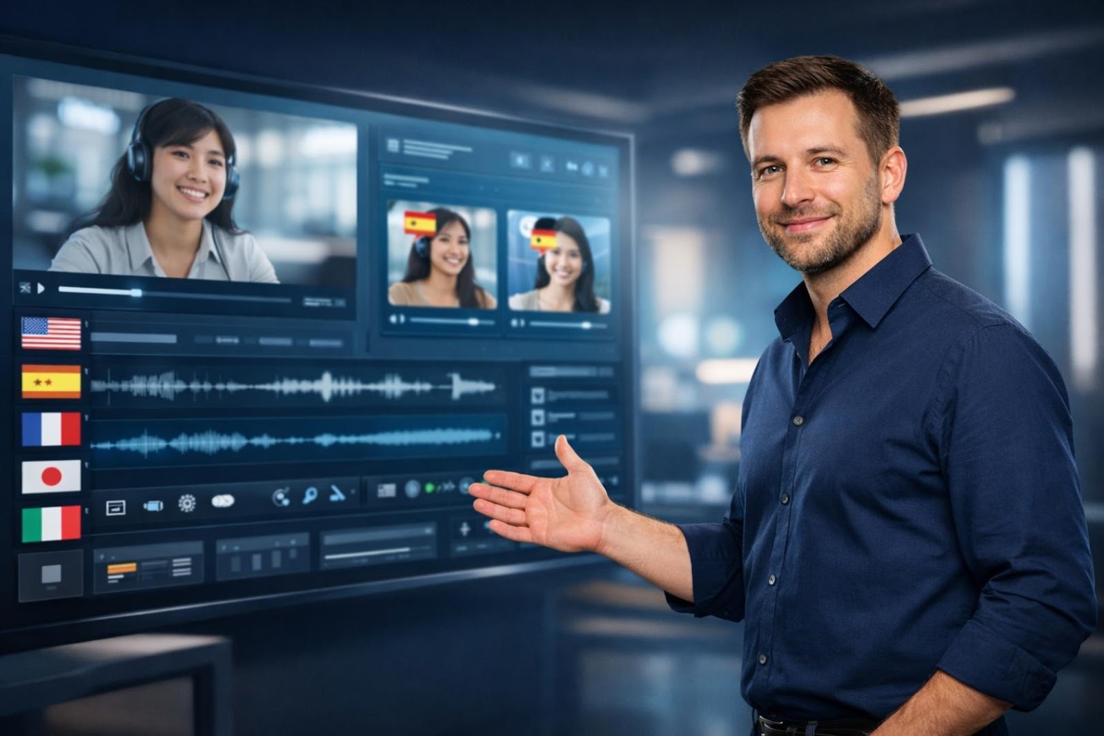 Automatic Dubbing dashboard showing multilingual course greetings with language selection options for global video training