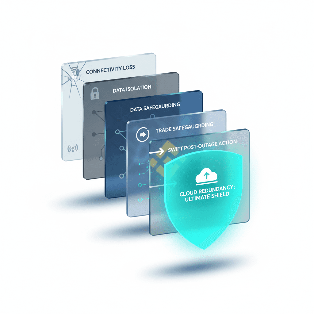 Glass layered visual showing step-by-step disaster recovery flow ending with secure cloud redundancy