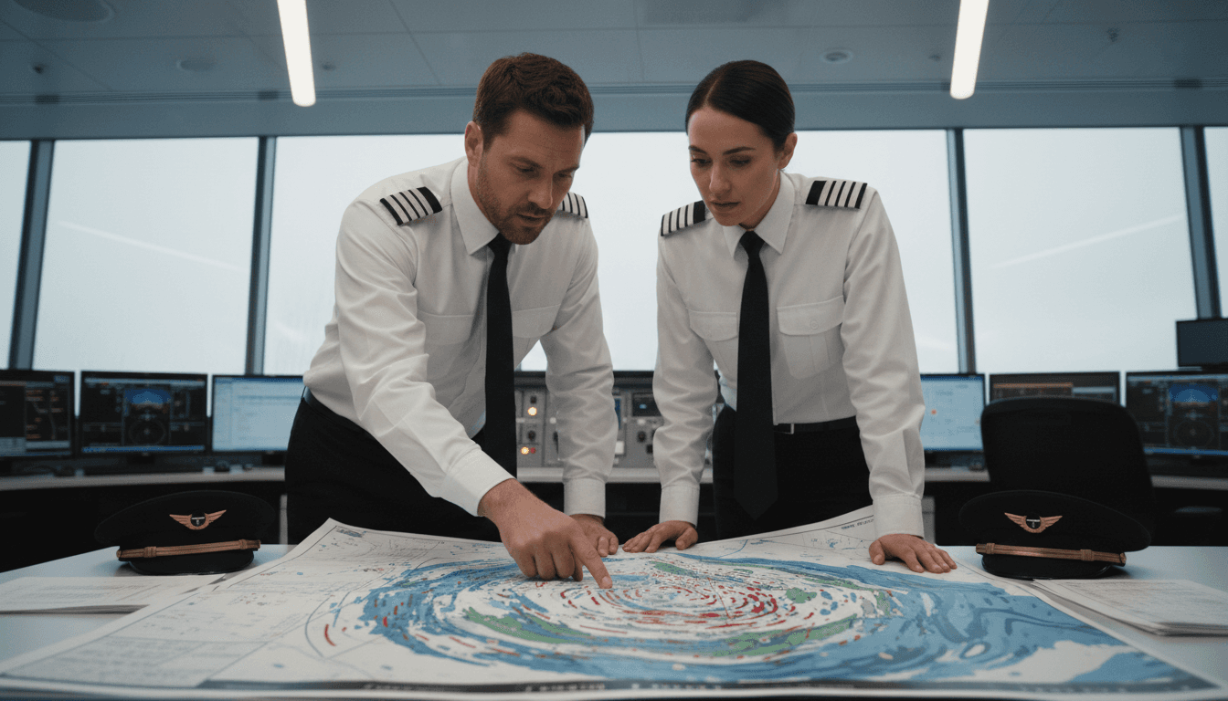 Pilots briefing over a weather radar chart before departure — a charter operations team making proactive weather decisions