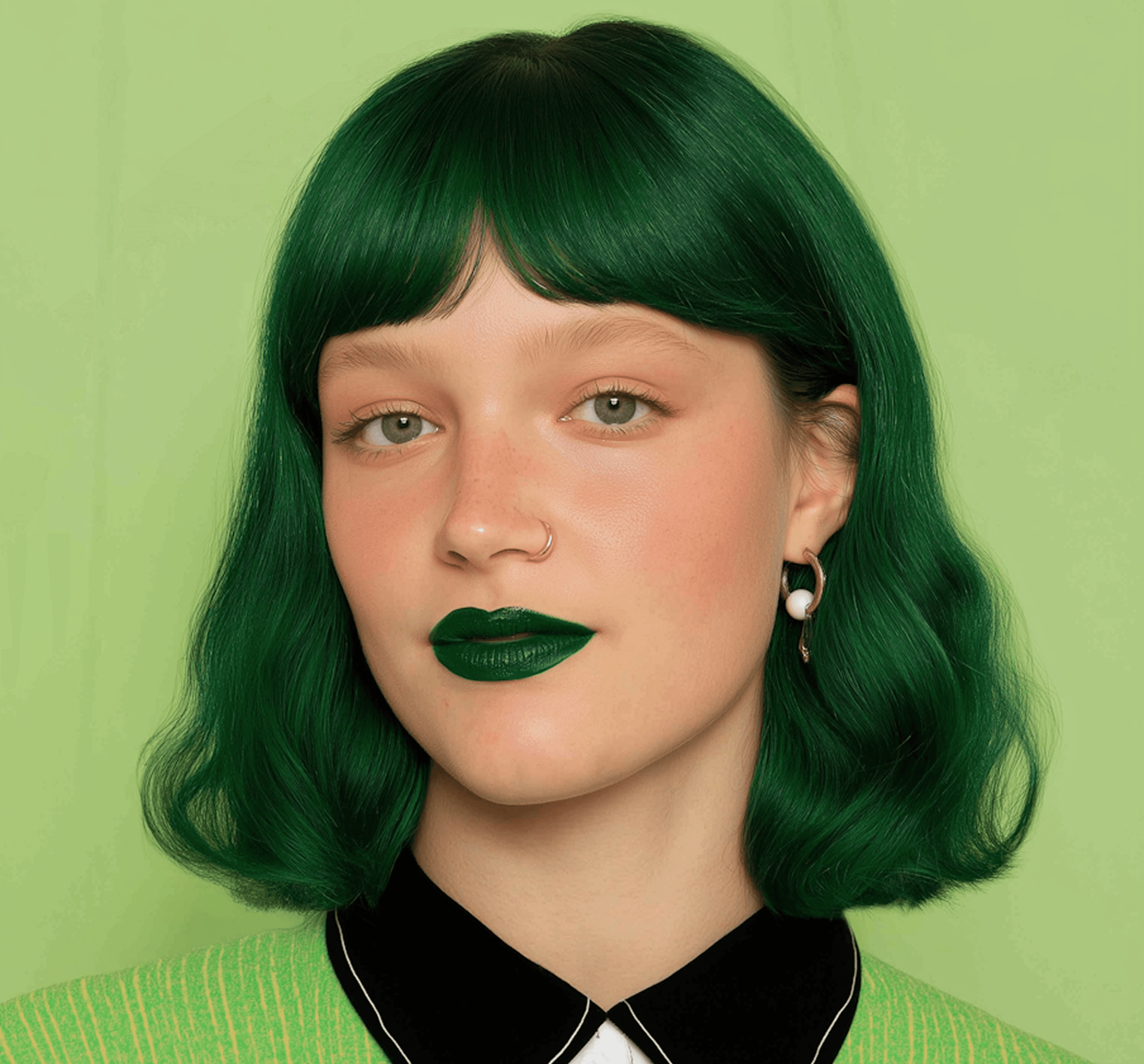 Person with green hair, matching lipstick, and pearl earring against light green background