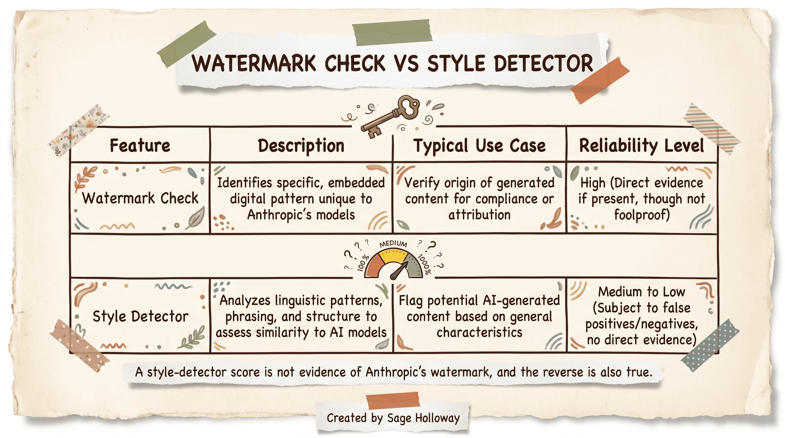 Comparison table of a statistical watermark check versus a style-based AI writing detector