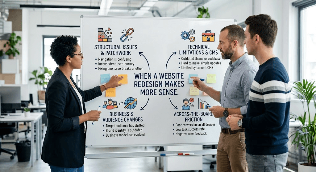 Infographic outlining four key reasons to choose a website redesign over minor UX updates.