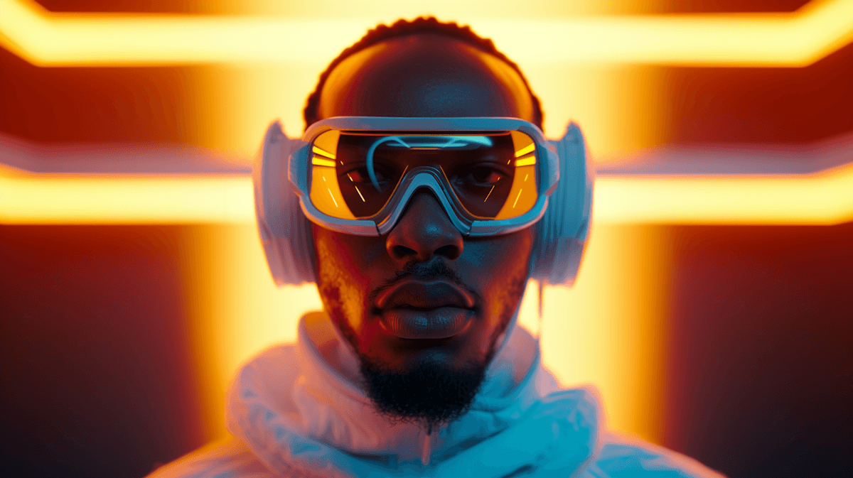 A man wearing headphones and goggles is positioned against a backdrop of bright neon lights, enhancing the scene's energy.