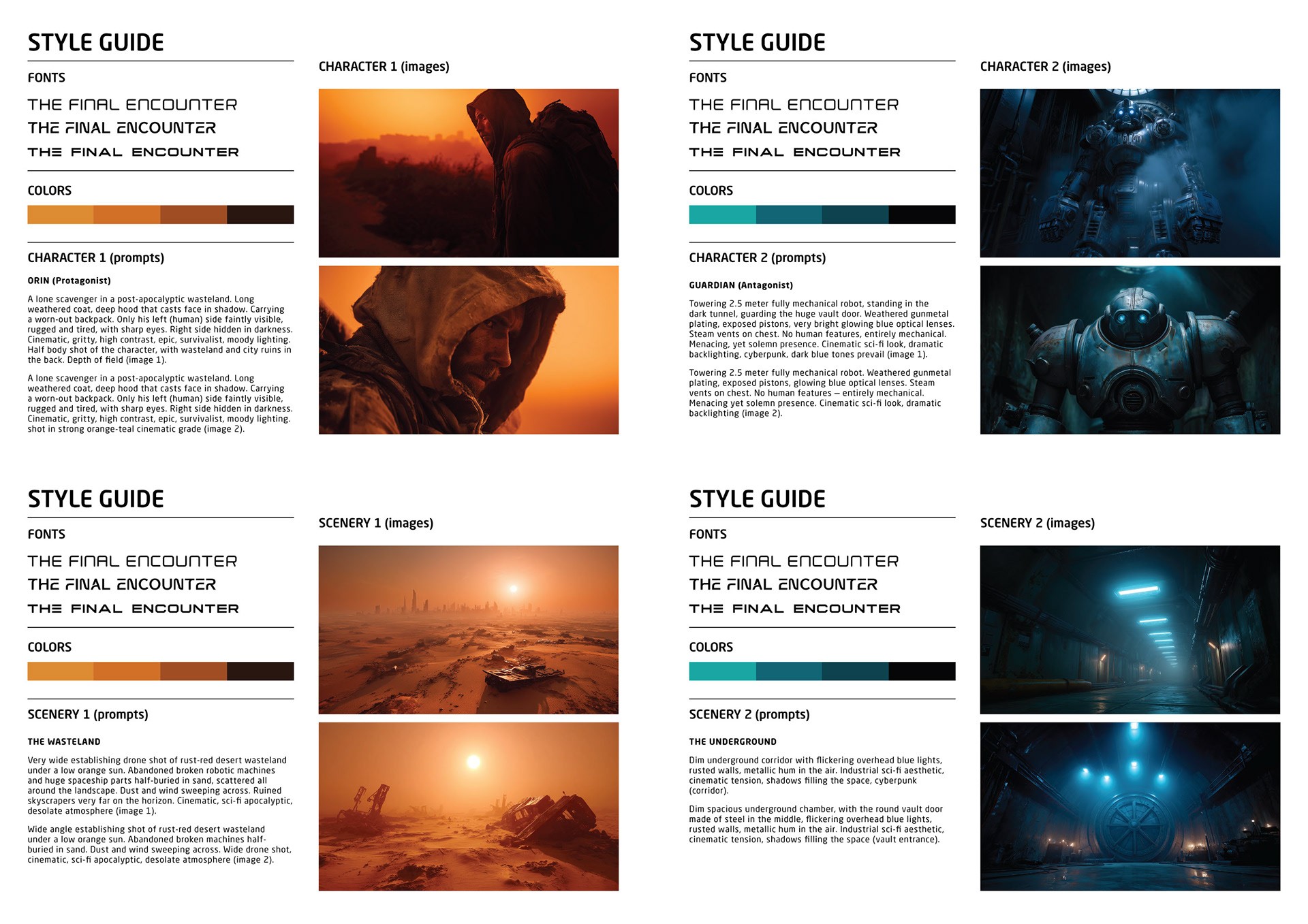 The film's style guide: character and scenery frames for Orin and the Guardian, with fonts, colour palettes and the prompts behind each.