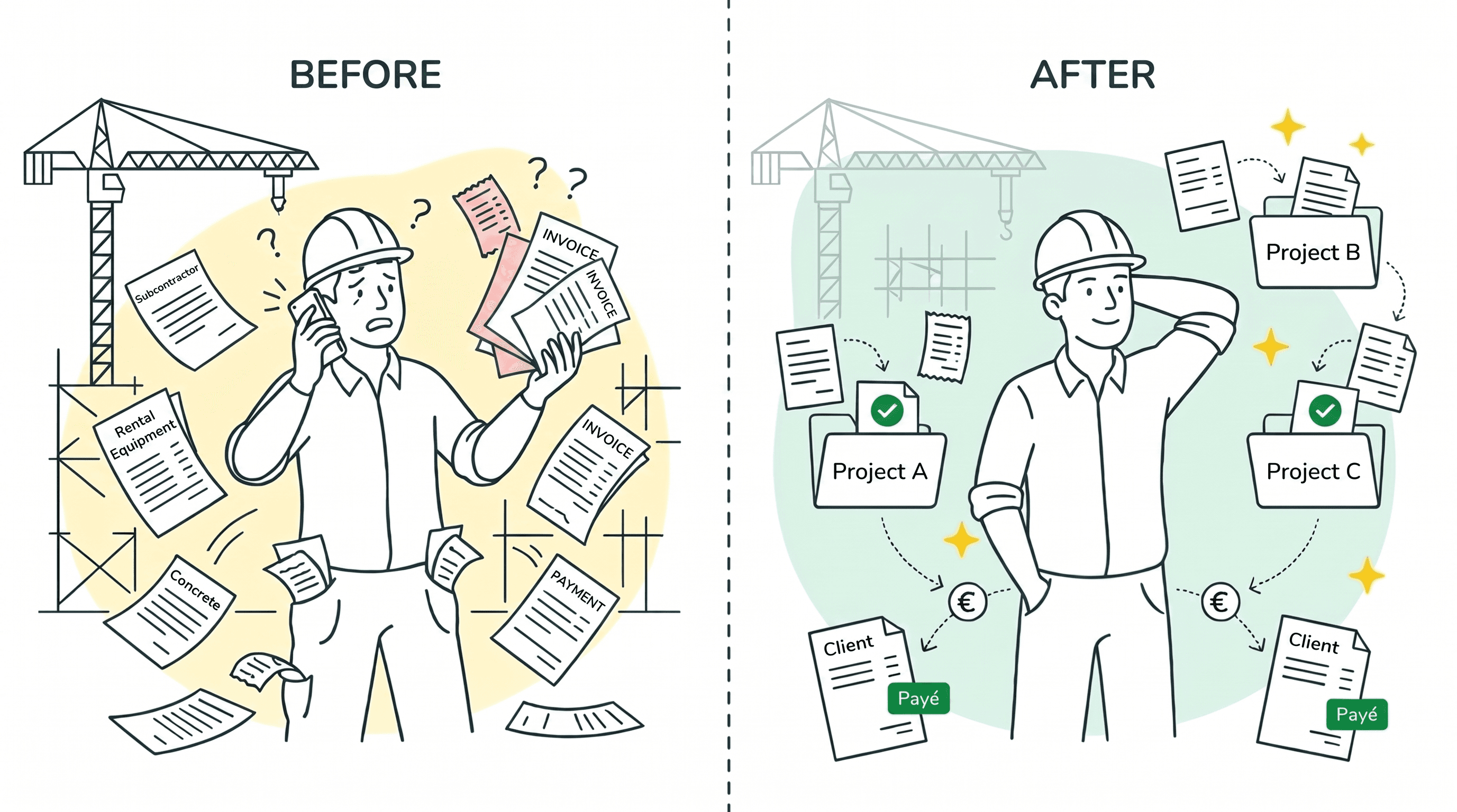 Before and after for a construction company: on the left a contractor overwhelmed by supplier invoices on site, on the right costs are organized by project and clients have paid