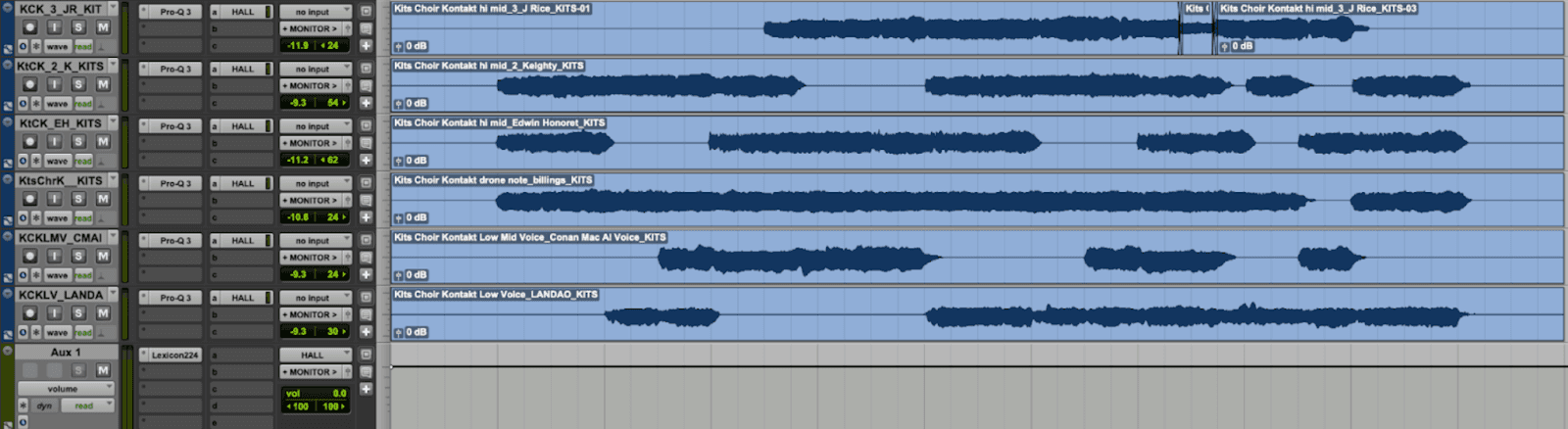 ProTools window with harmony stems