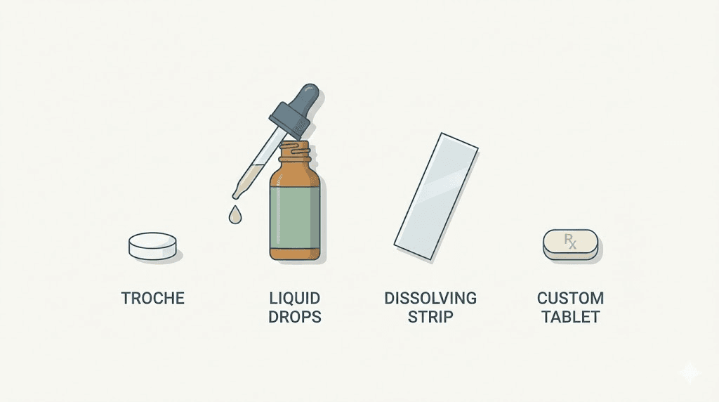 Types of sublingual peptide formulations including troches drops strips and tablets