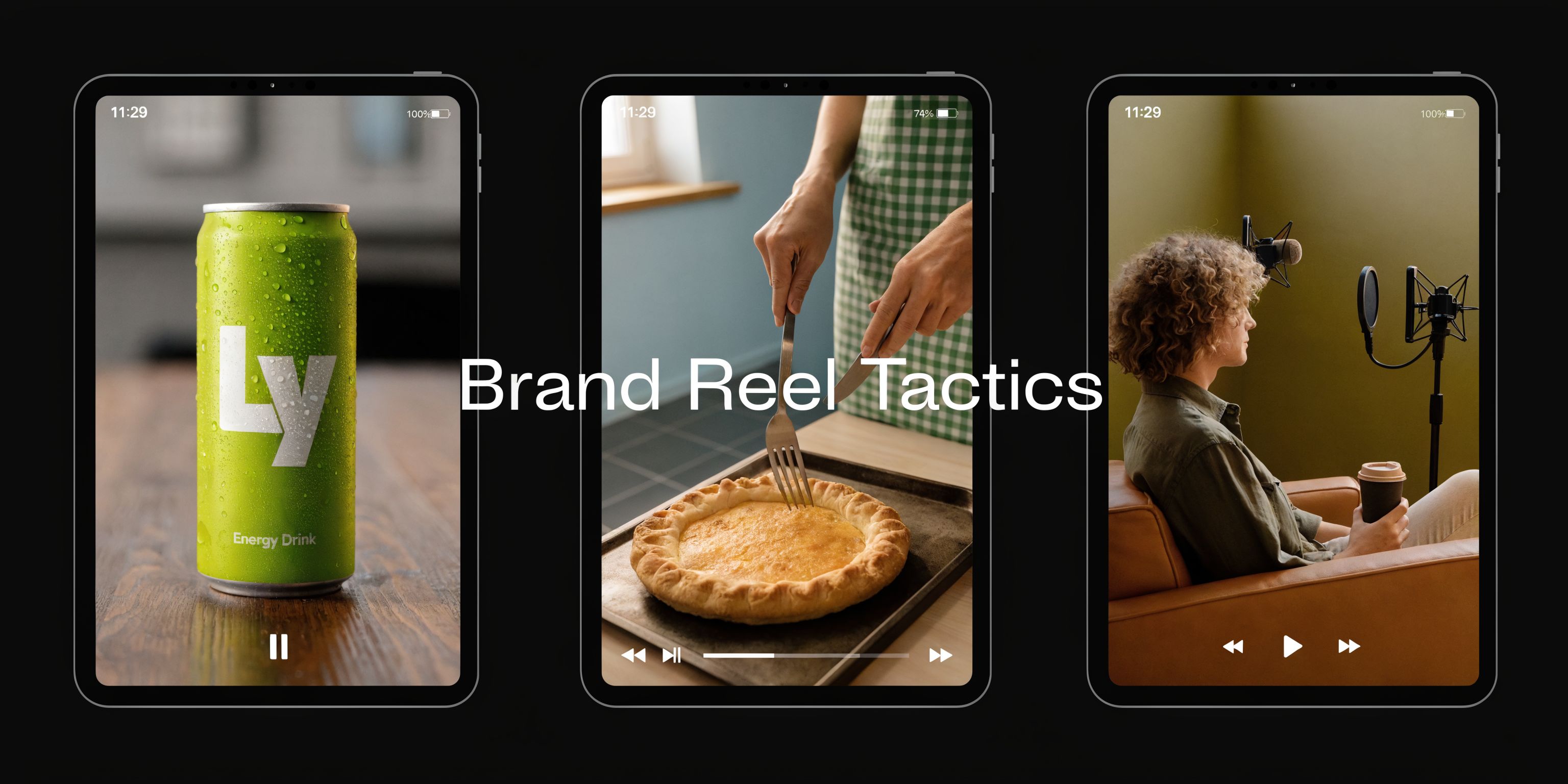 Three mobile phone screens displaying different short-form video content examples next to the text Brand Reel Tactics.